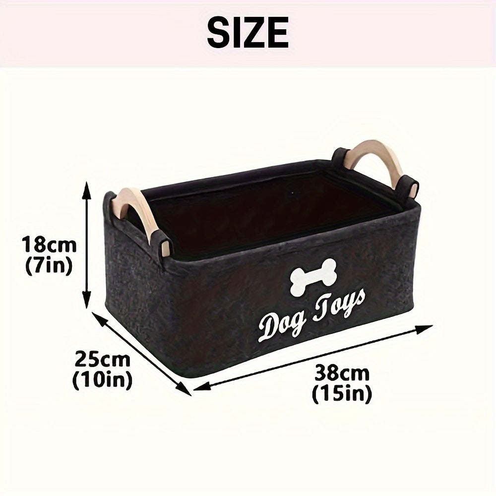 OPETEE Foldable Fabric Pet Toy Storage Basket Organizer with Bone Pattern & Wooden Handles - Spacious Easy-to-Clean Dog Toy Chest for Blankets, Leashes, Puppy Clothing - Dark Grey Clutter-Free Home Decor, Home Pet Organizer |
