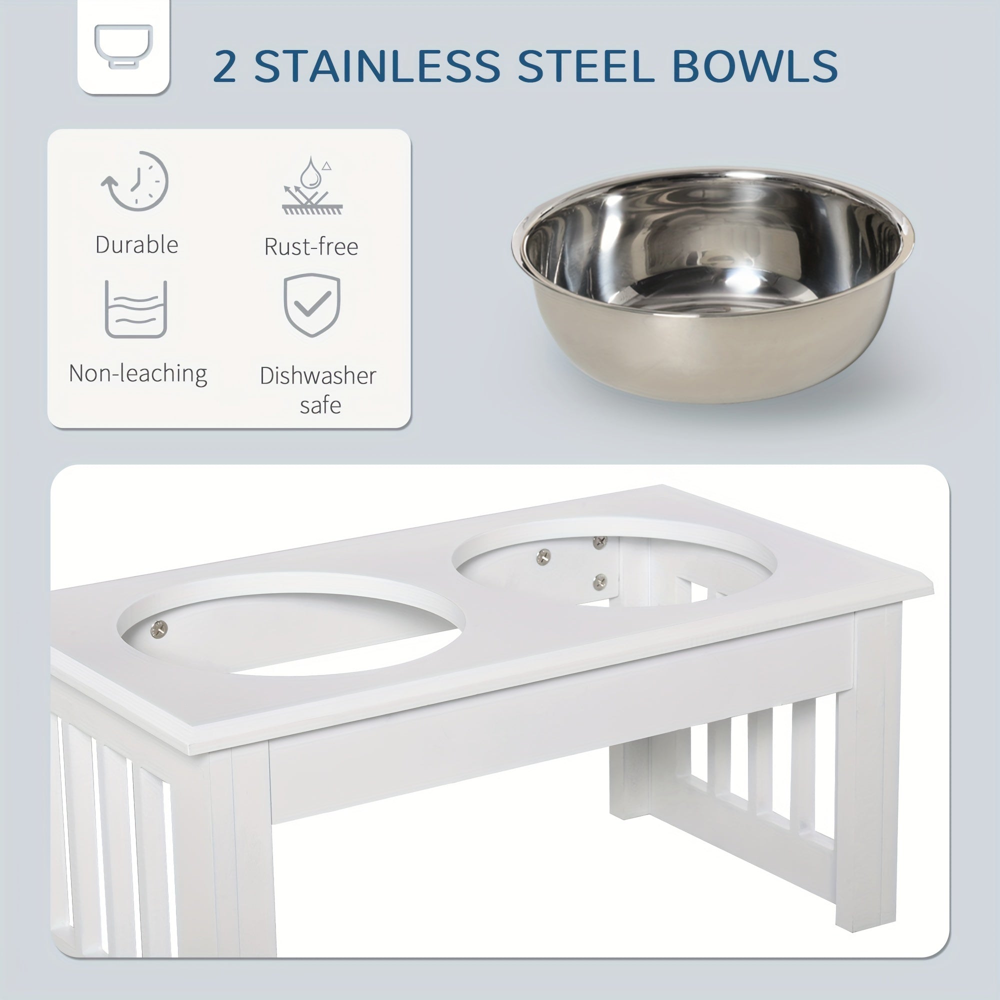 PawHut 6" Height Small Puppy Dog Feeding Station For Messy Pets, Stainless Steel Elevated Dog Bowls With Modern Wooden Frame, Dog Food Stand Pet Feeding Station, White
