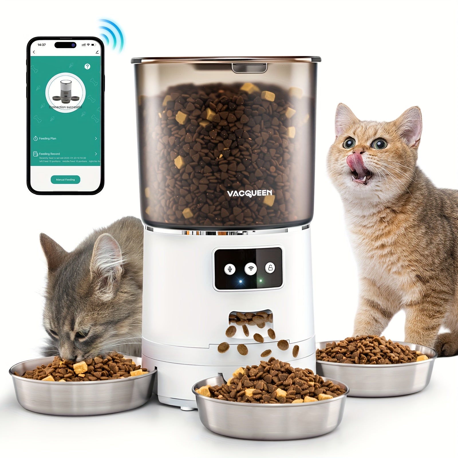 Smart WiFi Feeder with App Control & 1.59gal Large Capacity - 3- Dispenser with 3-Bowls System, Real-Time Monitoring, Auto Feeding Schedule, Plug (110-130V) for Multi- Households, Pet Waster Prevention, Dog Feeder Automatical