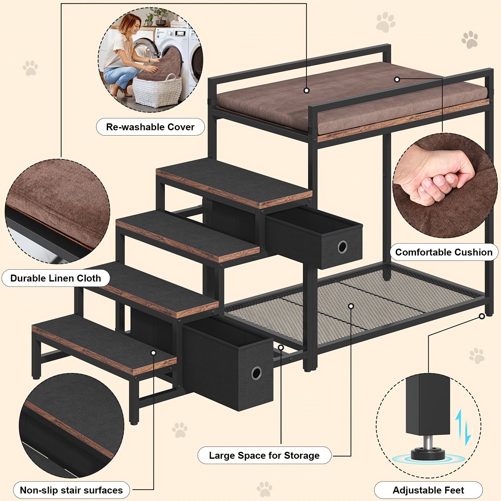SAUDISM Multi-Level Pet Bunk Bed with Removable Step for Dogs & Cats - Durable Wooden Frame, Cushioned Perch & Window Seat, Indoor Use, Easy Assembly, Black, Perfect for Small to Medium Dogs, Cozy Home Decor, Pet Furniture, M