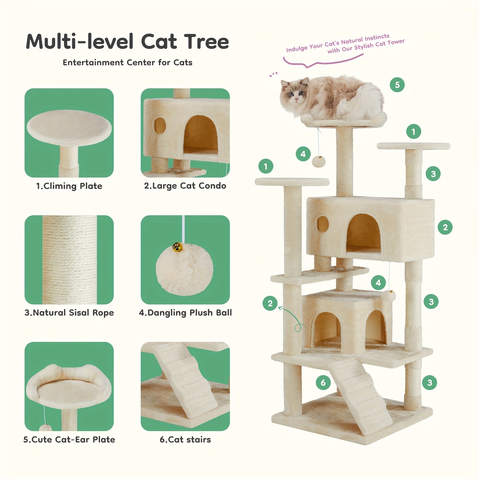 54in Cat Tree Tower for Indoor Cats, Multi-Level Pet Furniture, Kitty Play House with Sisal Scratching Post, Large Condo, Climbing Ladder, Plush Toy for Kitten, Beige and Gray