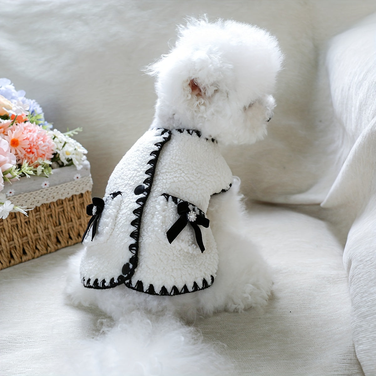 Polyester Knit Small Dog Vest Sweater Coat - Bow Detail, Press Stud Closure - Pet Apparel for Bichon Frise, Pomeranian, Schnauzer, Teddy Breeds - Winter and Fall Clothing