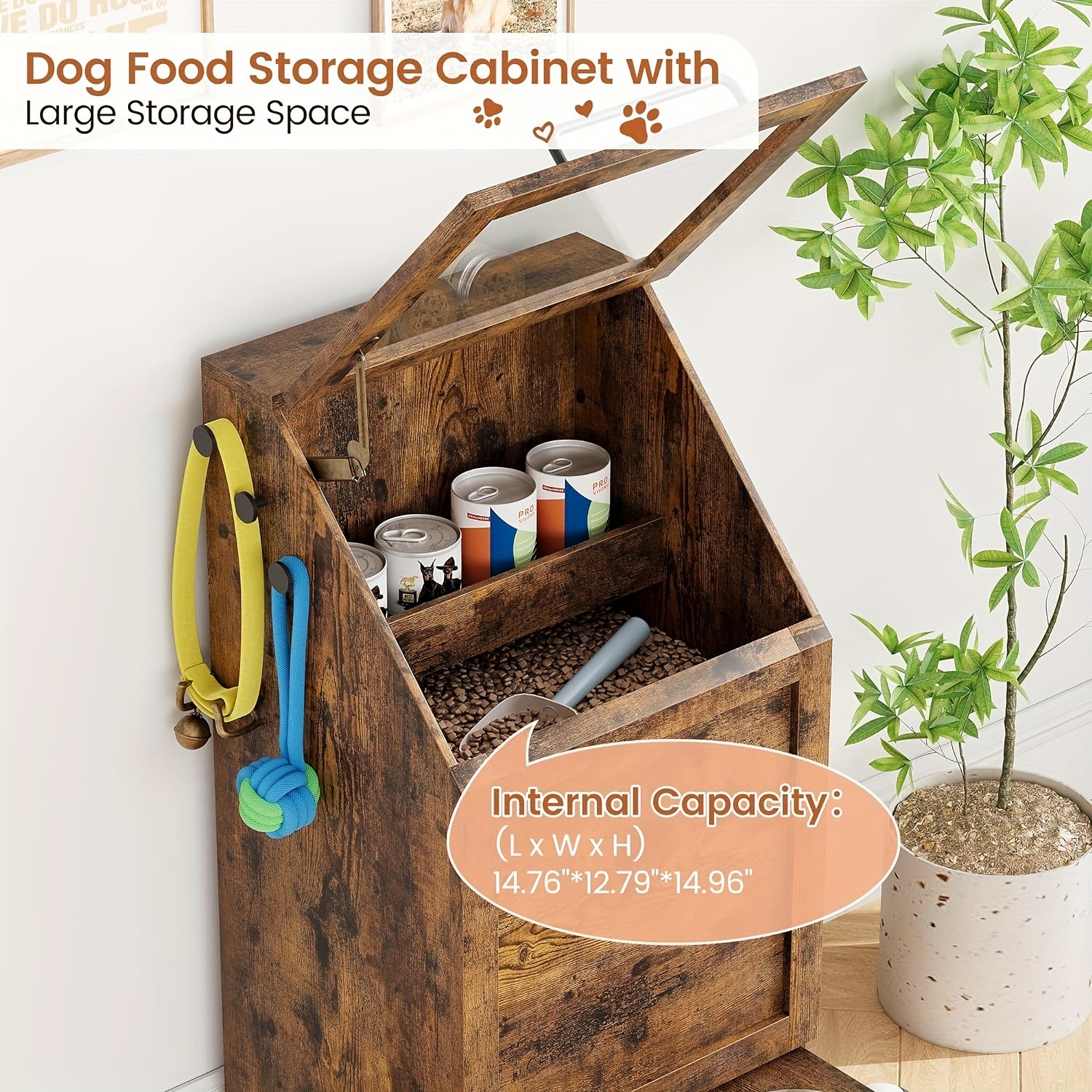 Dog Feeding Station With 2 Elevated Dog Bowls, Pet Feeding Station, Flip Top Dog Food Storage Cabinet, Dog Food Storage Container, Pet Toy Storage Organizer, Modern Dog Storage Organizer, Brown, Grey
