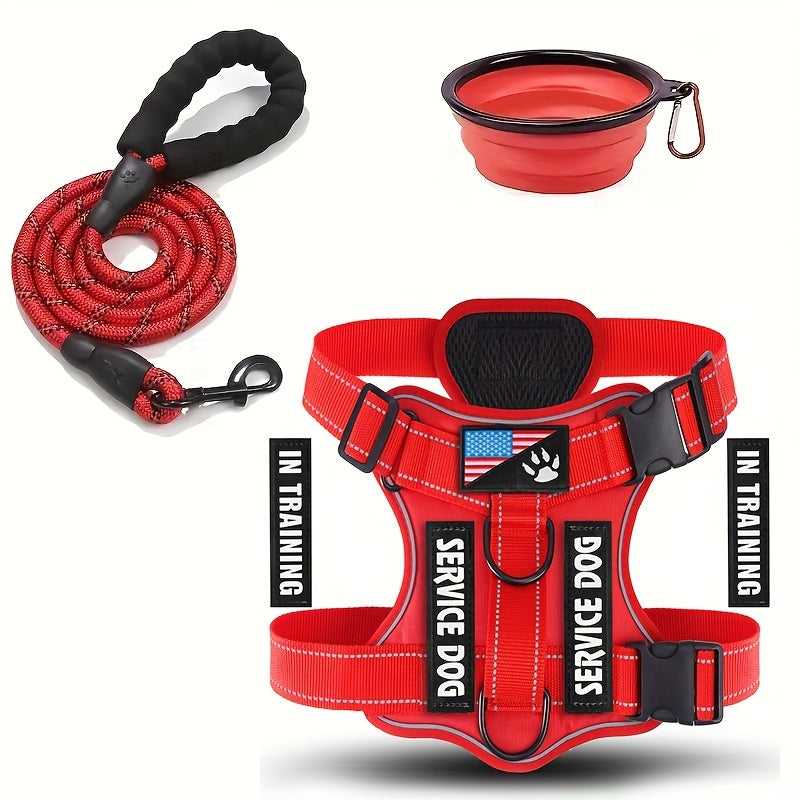 Service Dog Harness and Leash Set - Adjustable Soft Oxford Pet Harness with 1pc Folding Bowl, 5pcs Patches, Reflective Vest, Easy Control Traction Rope for Small Medium Large Dogs
