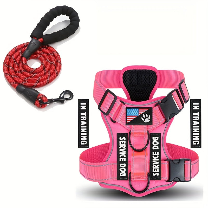 Service Dog Harness, Reflective Dog Vest Harness With 5 PCS Patches, Adjustable Soft Oxford Pet Harness, Inner Layer Mesh, Easy To Control For Small Medium Large Dogs With 59inch Traction Rope