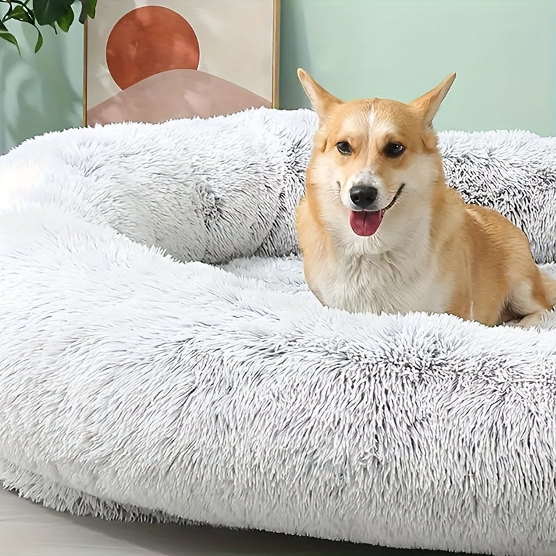 Extra Large Orthopedic Human & Dog Bed with Plush Pillow & Blanket - 71"x45"x12" Washable Faux Fur Pet Couch, Non-Slip Base, Removable Cover - Grey Bed for All Dog Breeds (Small/Medium/Large Dogs) & Cozy Napping Companion for