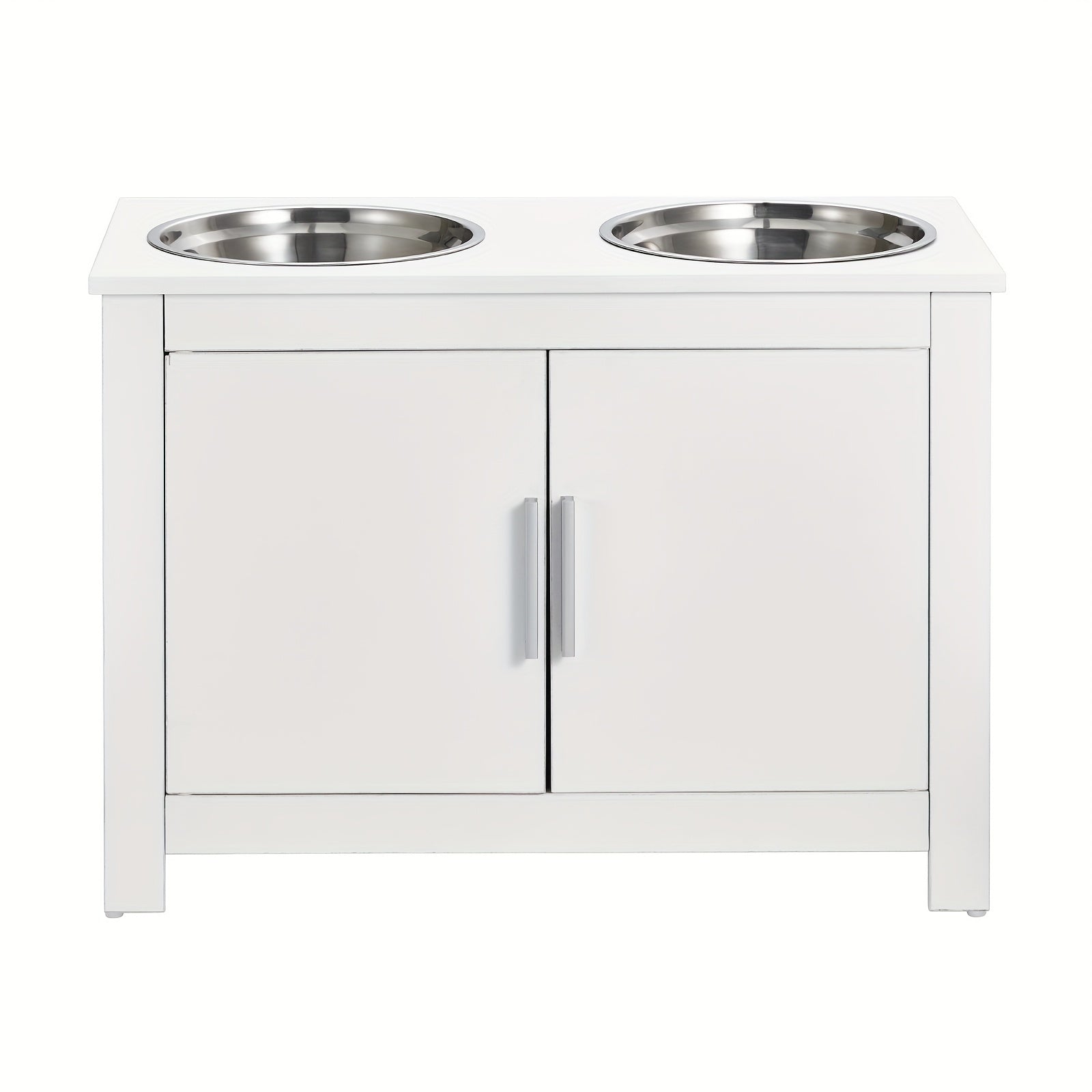 Happybuy Elevated Dog Feeding Station with 2 Stainless Steel Bowls & - Modern White Wood Pet Dispenser, Heavy-Duty Elevated /Water Dispenser for Large Breeds, Space-Saving Design for Home, Easy ssembly, Pet Feeding Station, R