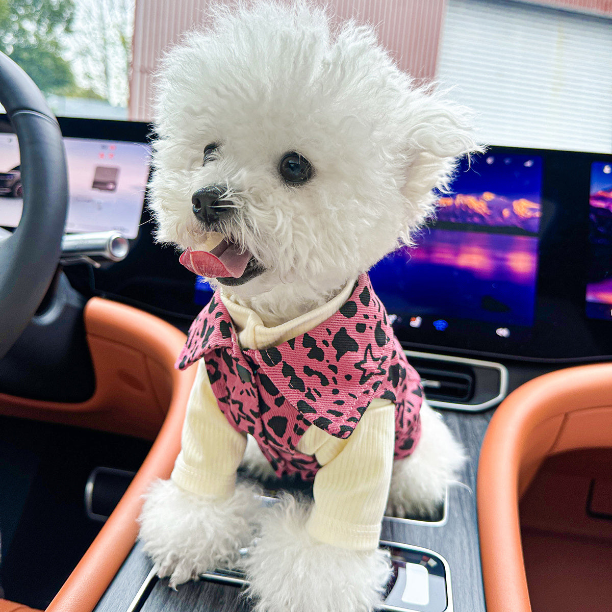 Small Breed Dog & Cat Fashionable Pink Leopard Print Denim Jacket, Comfortable Knit Fabric, Polyester, with Snap Button Closure for Pet Apparel
