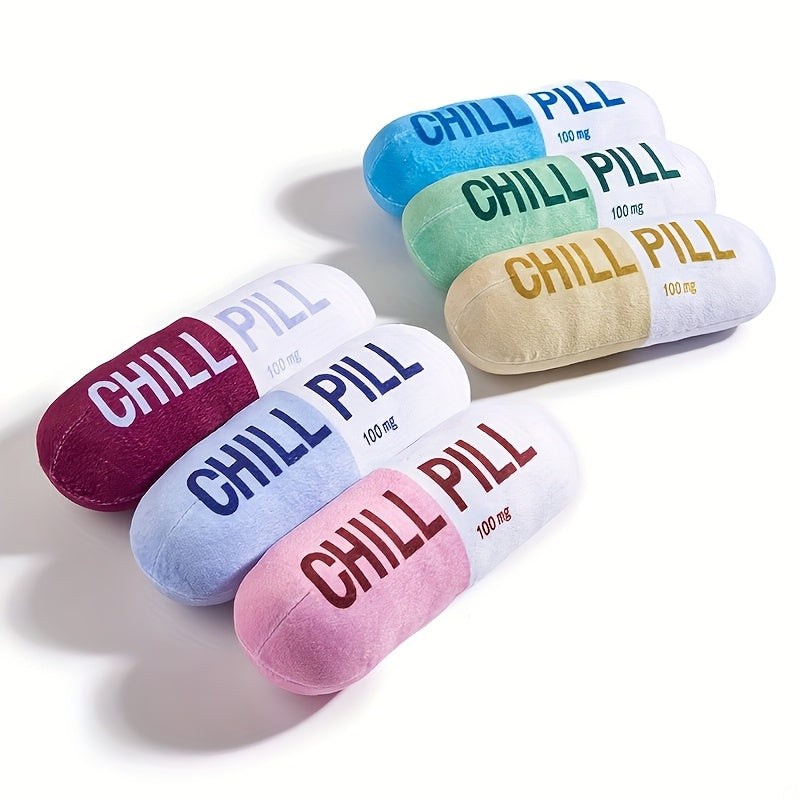 Soft Fabric Chill Pill Plush Stuffed Animal Toy and Pillow for Small Dogs and Cats, Interactive Play, Pet Bed Accessory, Soothing Snuggle Companion