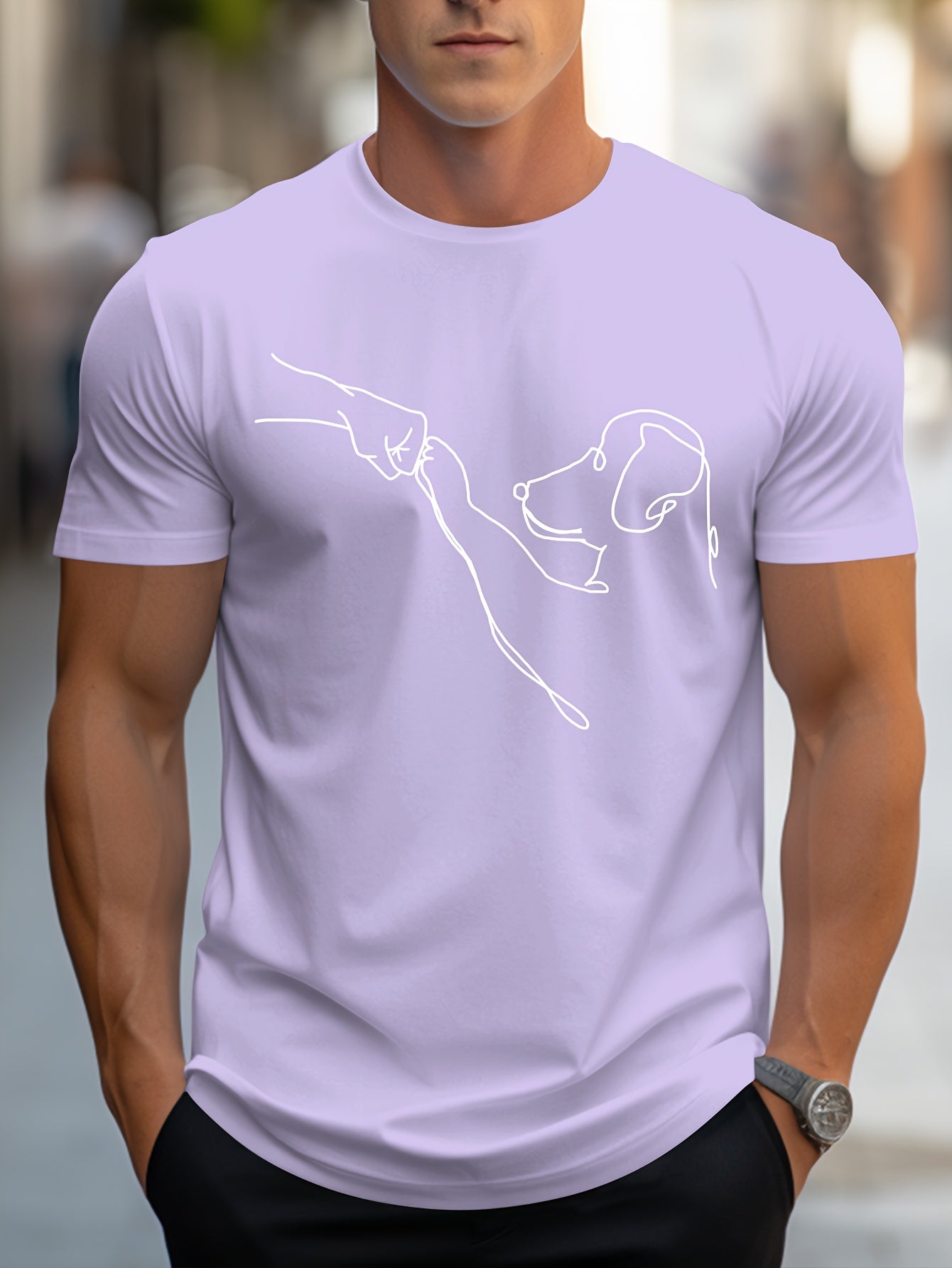 Men's Line Art Dog Print T-Shirt: Poop Scooper Exclusive! Super Cute Hand-Drawn Puppy Sketch, Minimalist Pet Interaction Design – Adorable Paw Print & Leash Graphic Tee