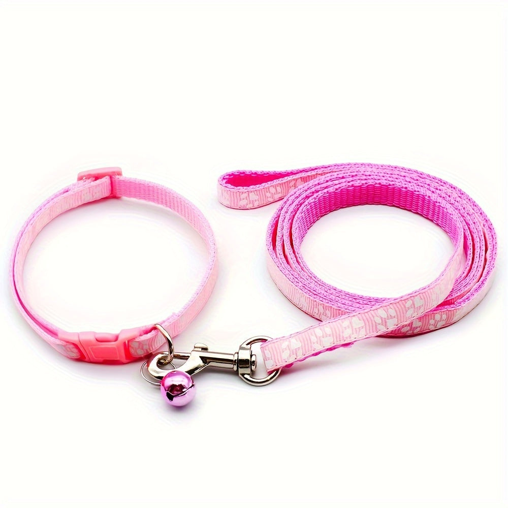 Cute Paw Pattern Nylon Dog Collar - Pet Dog Collar And Leash Set With Bell Long Dog Walking Leash