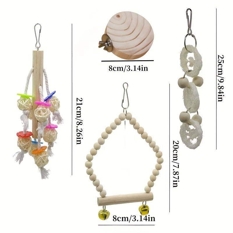 8pcs Bird Toy Set with Swing, Perch, Bell & Chew Toys - Wooden Parrot Play and Exercise Accessories for Small to Medium Cages