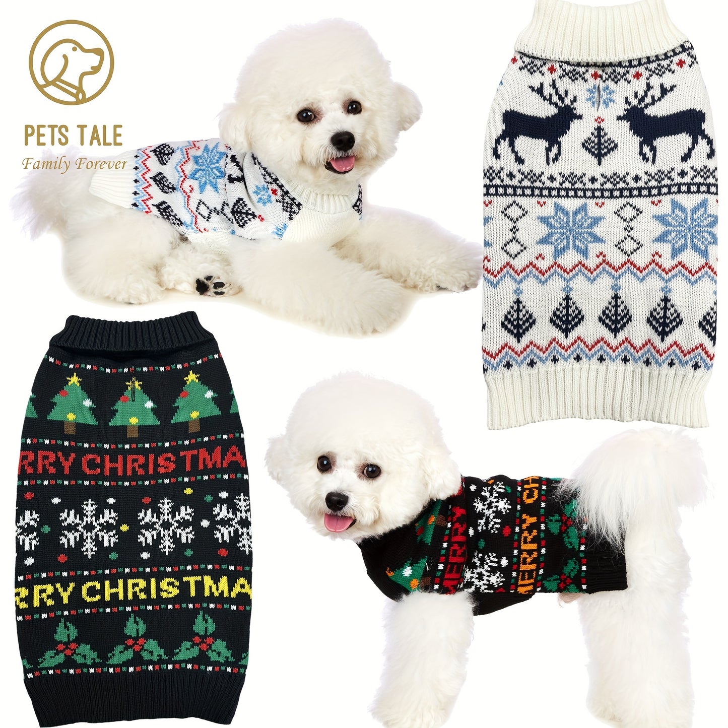 PETS TALE Christmas Sweater for Dogs - Festive Snowflake Reindeer & Merry Christmas Design, 100% Acrylic Machine-Washable Pullover for Small to Medium Dogs, Holiday Party Outfit
