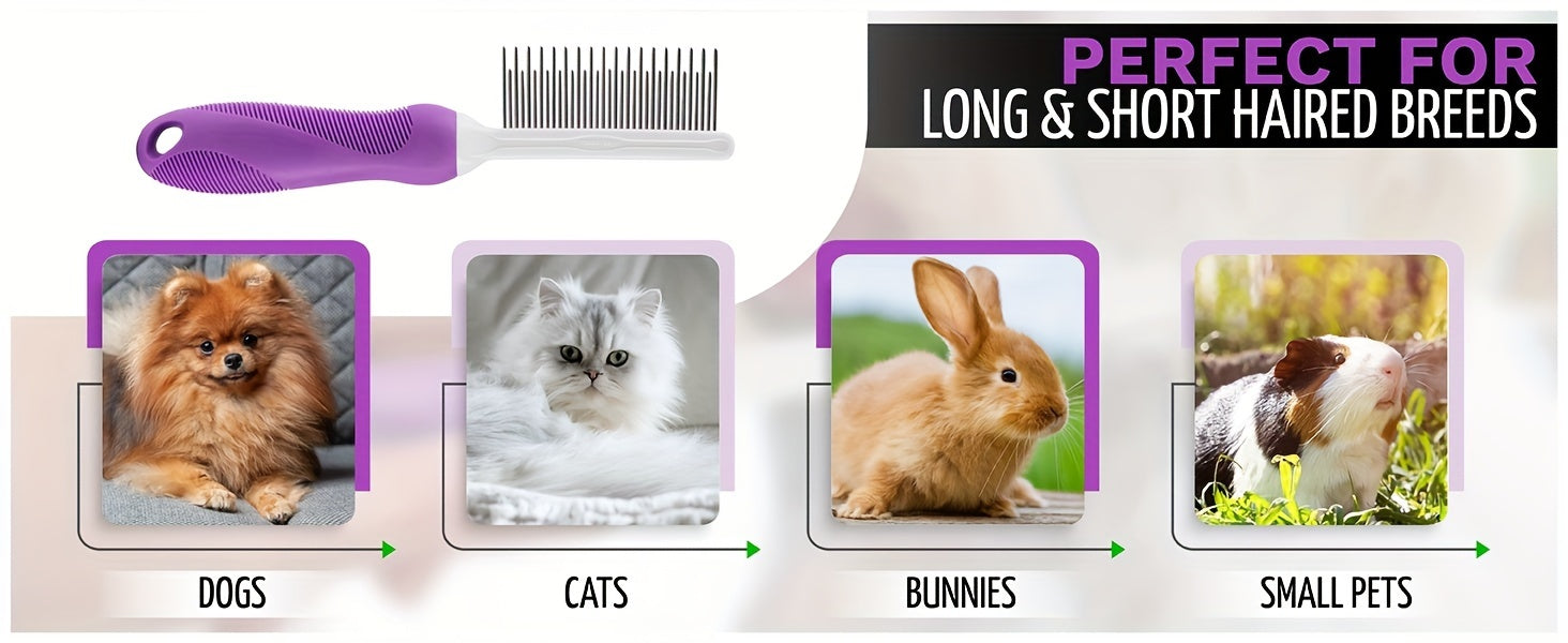 2-in-1 Pet Grooming Comb for Dogs & Cats - Stainless Steel Detangling and Dematting Tool with Long & Short Teeth, Safe Knot Removal for Healthy Coat