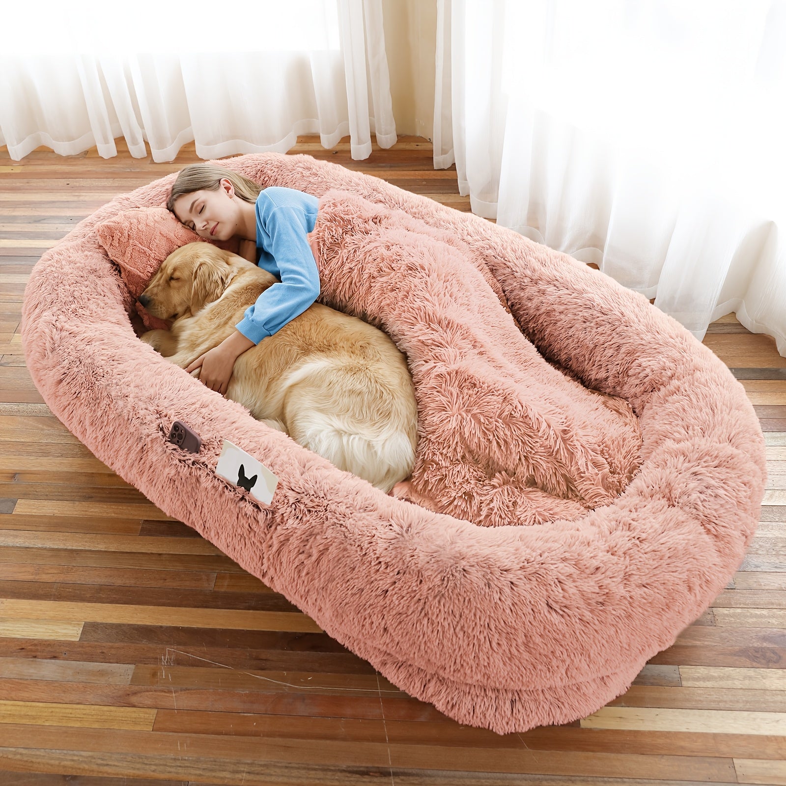 Extra Large Orthopedic Human & Dog Bed with Plush Pillow & Blanket - 71"x45"x12" Washable Faux Fur Pet Couch, Non-Slip Base, Removable Cover - Grey Bed for All Dog Breeds (Small/Medium/Large Dogs) & Cozy Napping Companion for