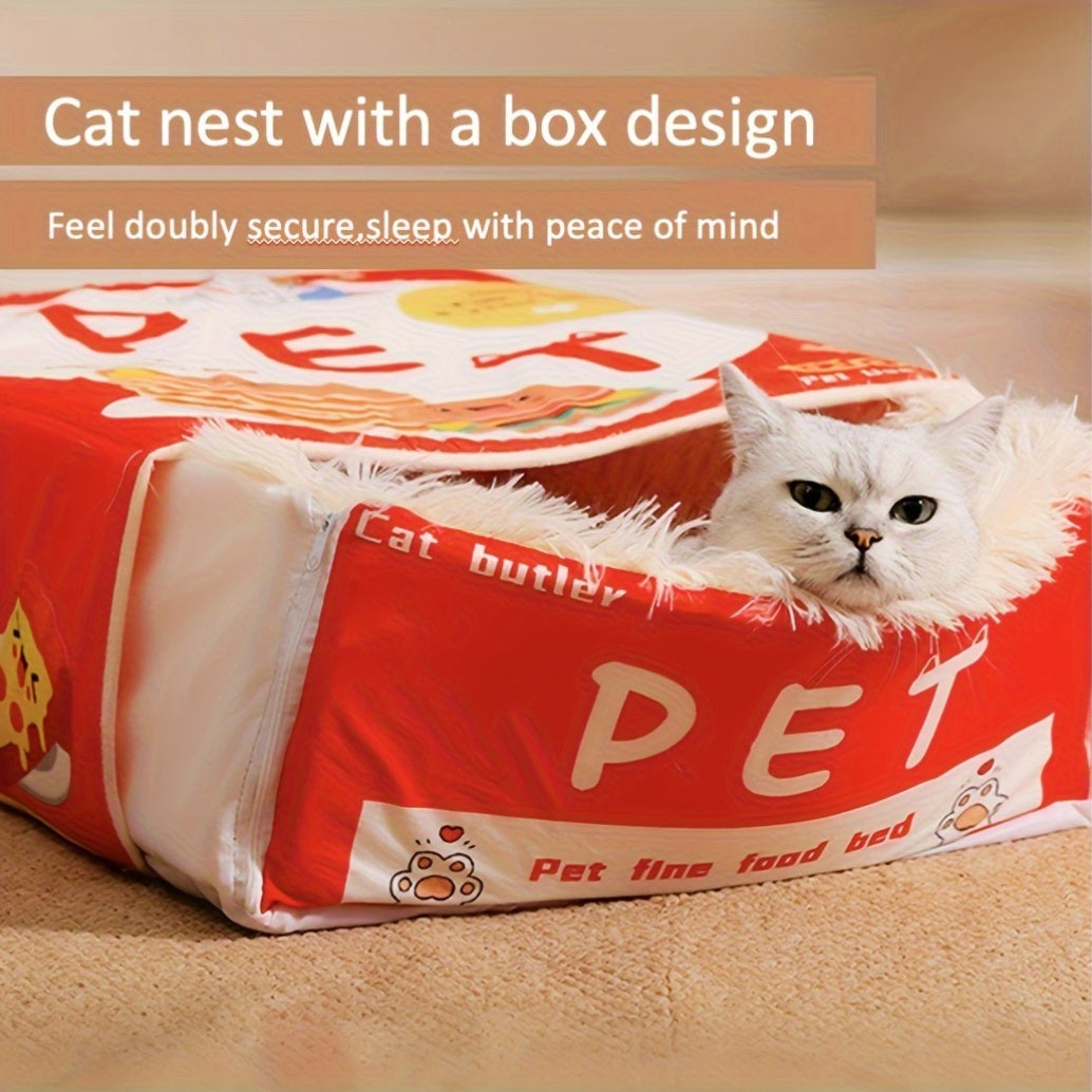 Rectangular Fully Enclosed Cat Bed with Snack Box Design - All-Season Cozy Pet Bed for Cats, Durable Polyester, Removable & Washable, Perfect Thanksgiving & Christmas Gift for Feline Friends, Cat Bed for Indoor Cats, Playful