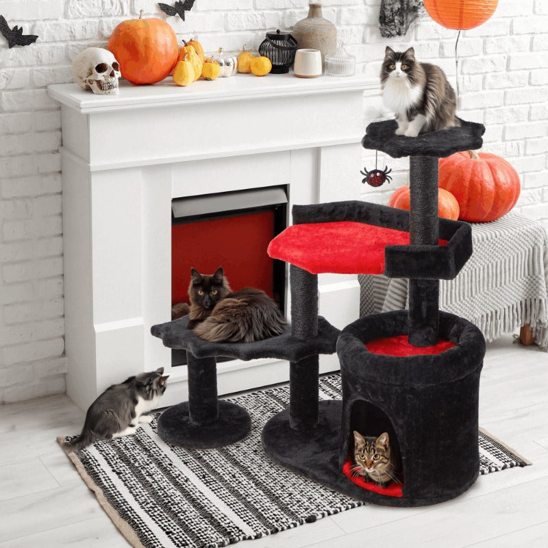 1pc Gothic Iron Cat Tree Tower with Scratching Post, Coffin Bed, and Playhouse - Durable Sisal Rope for Indoor Cats - Halloween-Themed Pet Furniture