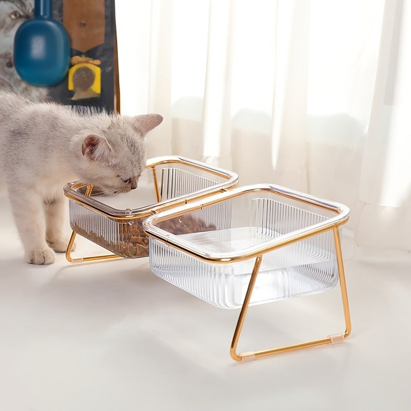 Double-Layer Cat And Dog Bowl Set, Vertical Design Pet Feeding & Drinking Station, Durable Metal & Plastic, Easy-To-Clean, with Ideal Pet Supplies for Cats And Dogs, Without Battery