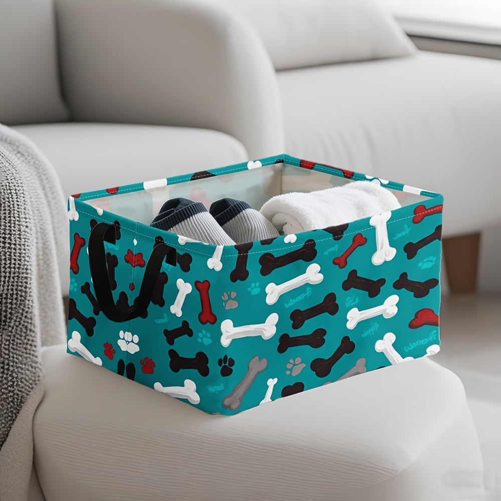 1pc Extra Large Teal Dog Paw Bones Pattern Storage Basket, Foldable Oxford Bin with Metal Frame, Ideal for Dirty Clothes & Fragrance Organization, Cologne Collection Display, Dresser Top Arrangement, Polyester Material, Pet A