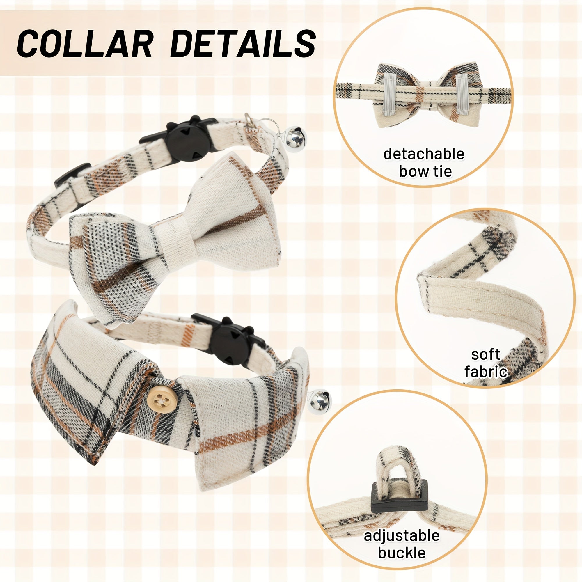2pcs Plaid Bow Tie Cat Collars with Bells - Adjustable Breakaway Safety Design for Kittens & Puppies, Cute Pet Accessories