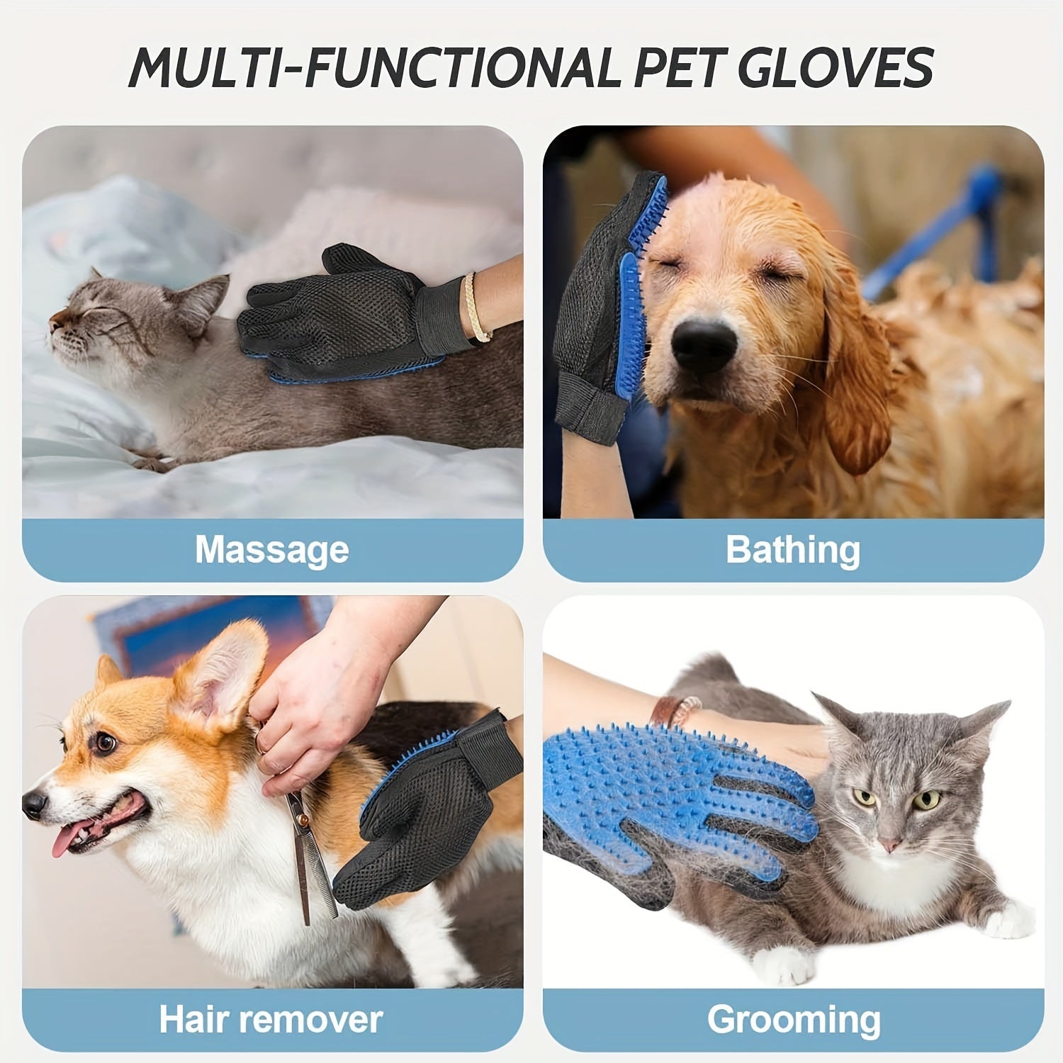2pcs Pet Glove, Pet Grooming Bathing Washing Hair Remover Brush Fur Mitts, For Cat Dog Horse Rabbit Animal