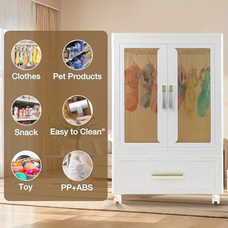 White Stackable Storage Cabinet with Doors & Wheels – Perfect for Pet Clothes, Toys, and Accessories Organizer – Durable Plastic Design with Hanging Rods for Dog Toys and Pet Apparel, Closet Organizer | Modern Pet Furnitu