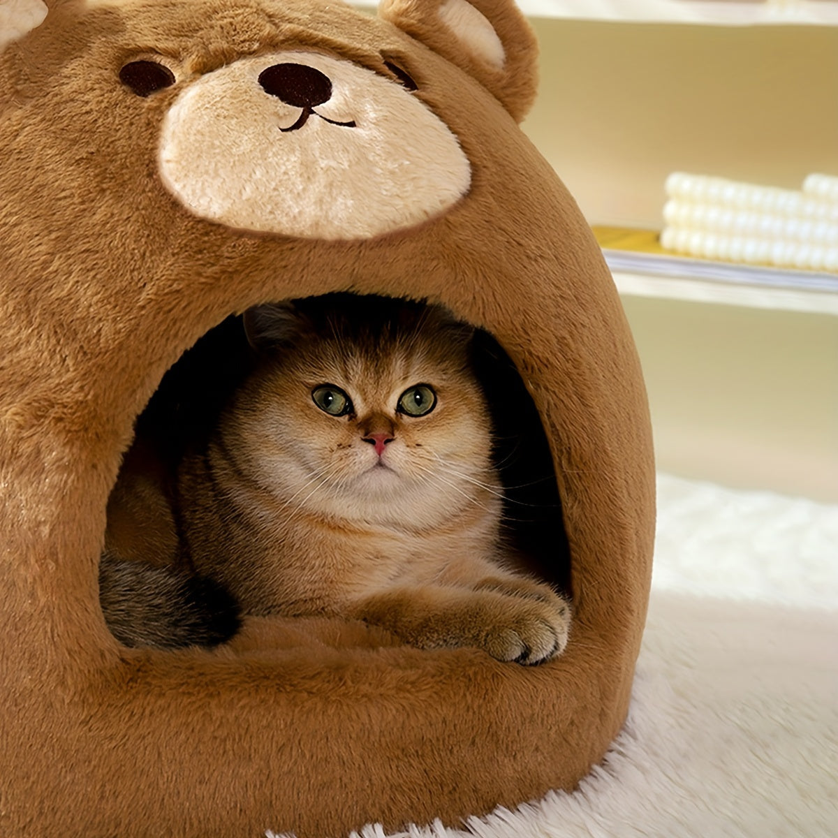 1pc Cozy Brown Bear Shaped Cat Bed - Portable Cat House & Condo for Indoor Cats - Thickened, Soft, and Warm Pet Bed for Ultimate Comfort and Relaxation