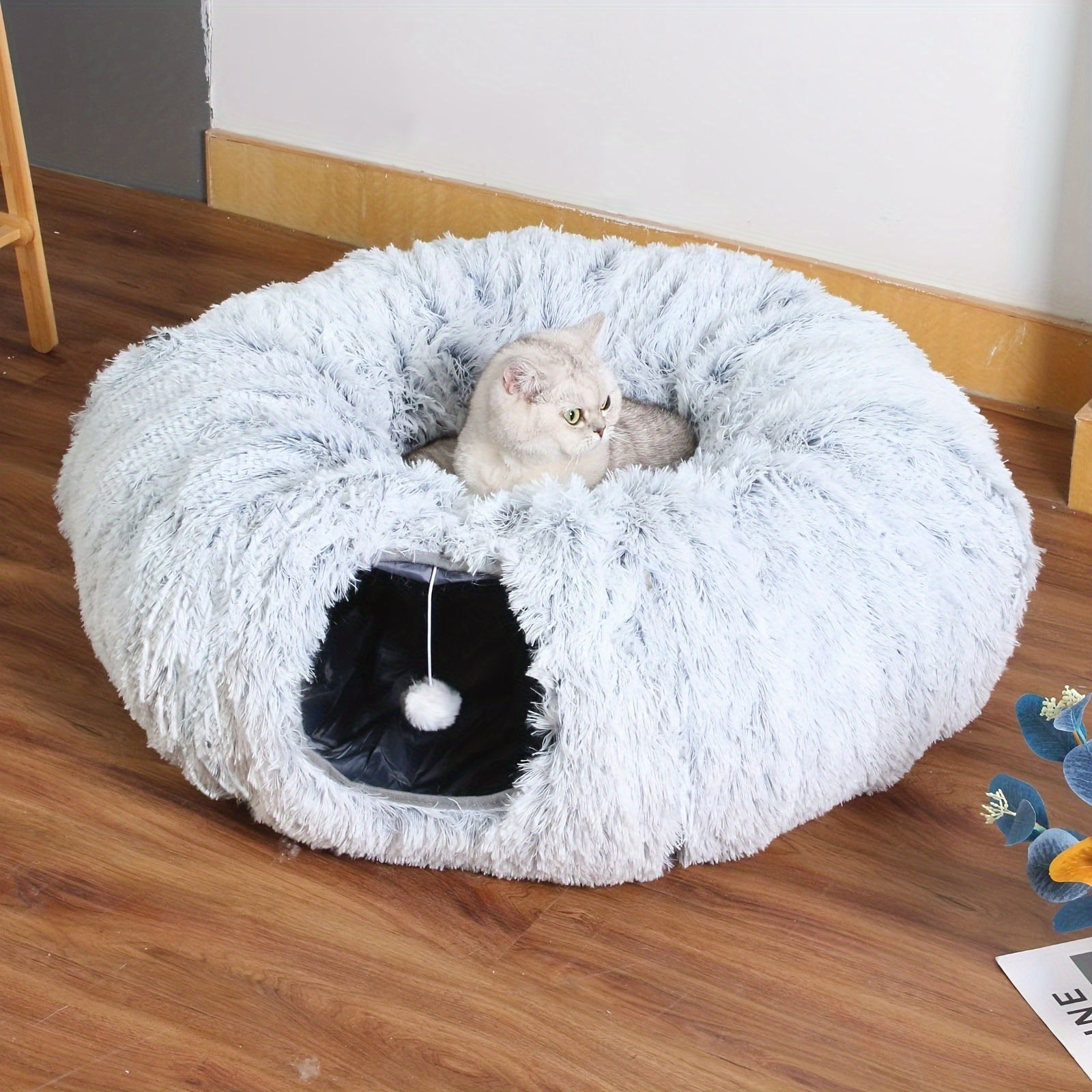 Soft Plush Cat Tunnel with Cozy Donut Bed - Multi-Functional Hideout & Playhouse for Indoor Cats, Kittens, Rabbits, Ferrets - Tunnel Vision Peeping Holes, Large Tube for Hide & Seek, Durable Pet Toy for Small/Medium/Large Fel