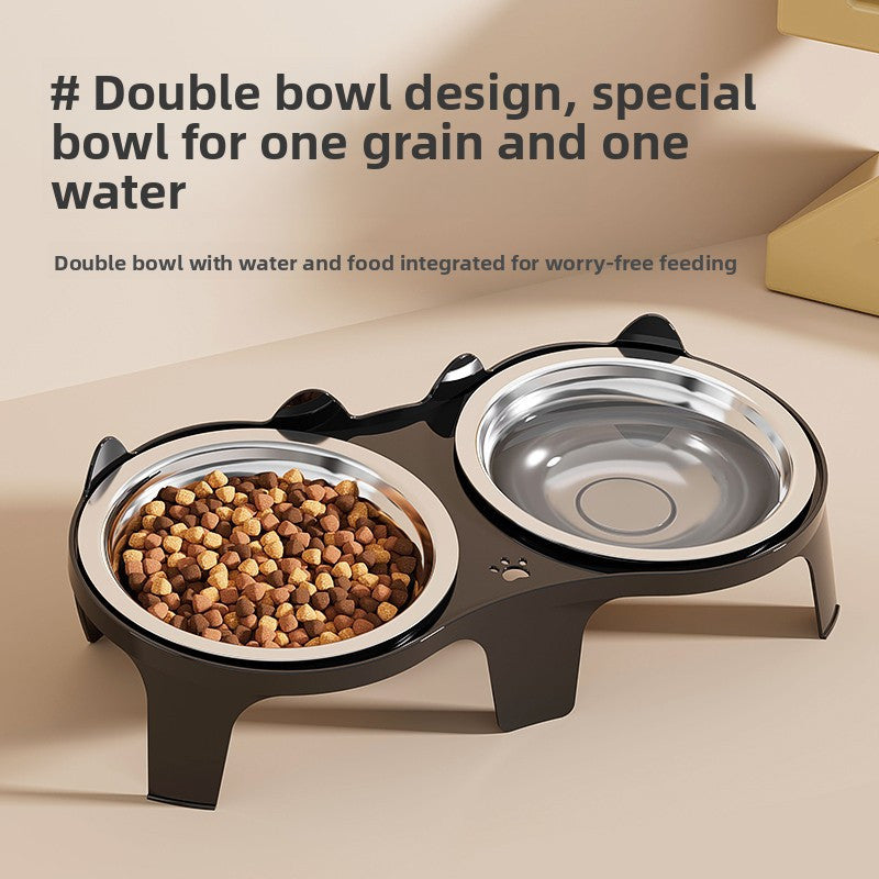 Stainless Steel -Tipping Double-Bowl Cat & Dog Food Feeder - Large Capacity Spill-Proof Design with 15° Slant Mouth & -Skid Base, Detachable Washable Durable Plastic-Like Edges, Ideal for Multi-Cat Households (Easy-Clean Pet