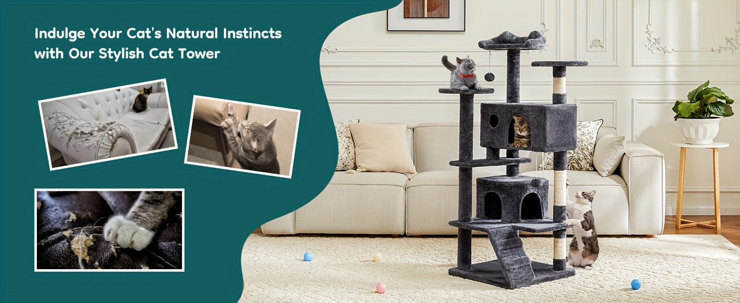 54in Tall Multi-Level Cat Tree Tower for Indoor Cats, Kitty Play House with Sisal Scratching Post, Large Condo, Climbing Ladder, Pet Furniture, Plush Toy for Kitten