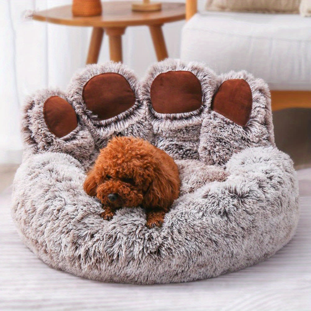 1pc Soft Plush Polyester Bear Paw Shaped Pet Bed, Calming Donut Dog Cat Cuddler Lounger, Warm Comfortable Round Pet Mat, Assembly Not Required for Cats and Small Dogs