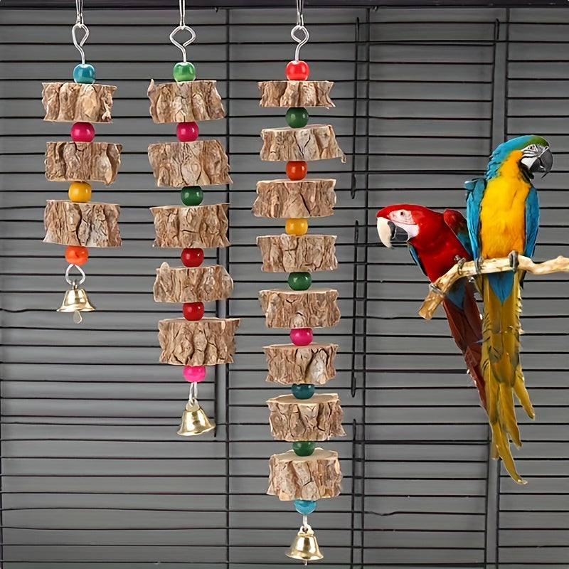 Natures Delight - Durable Wooden Parrot Toy with Melodic Bell and Vibrant Beads - Stimulating Chewing & Grinding Aid for Birds Health - Perfect Cage Accessory