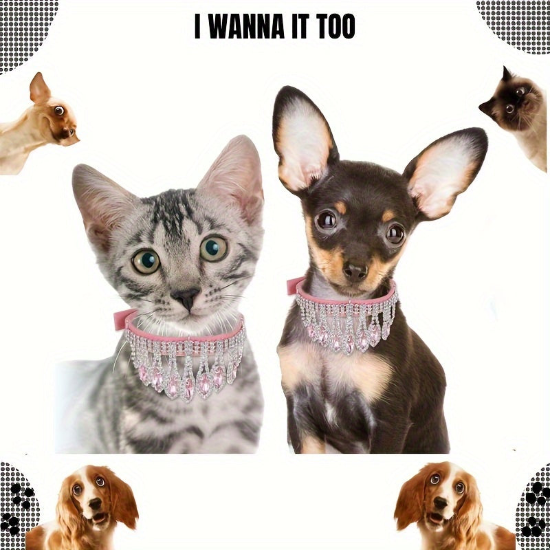 Exquisite Adjustable Jeweled Pet Collar and Leash Set - Soft Leather, Elegant Design, Hand Wash Only, Suitable for Dogs, Cats, and Small Animals