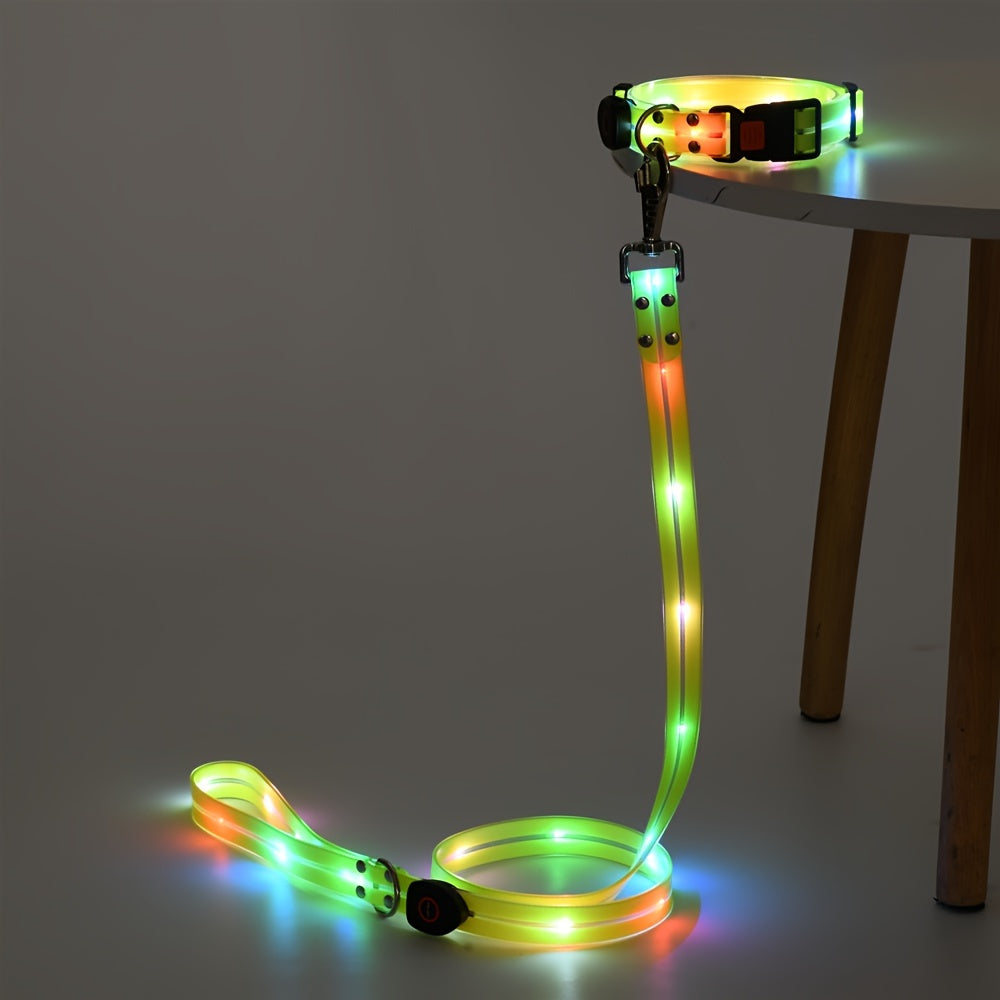LED Dog Light Up Collar Leash Set, Adjustable Pet Collar, Usb Rechargeable Night Colorful Light Visibility 100+m/328+ft Pet Leash