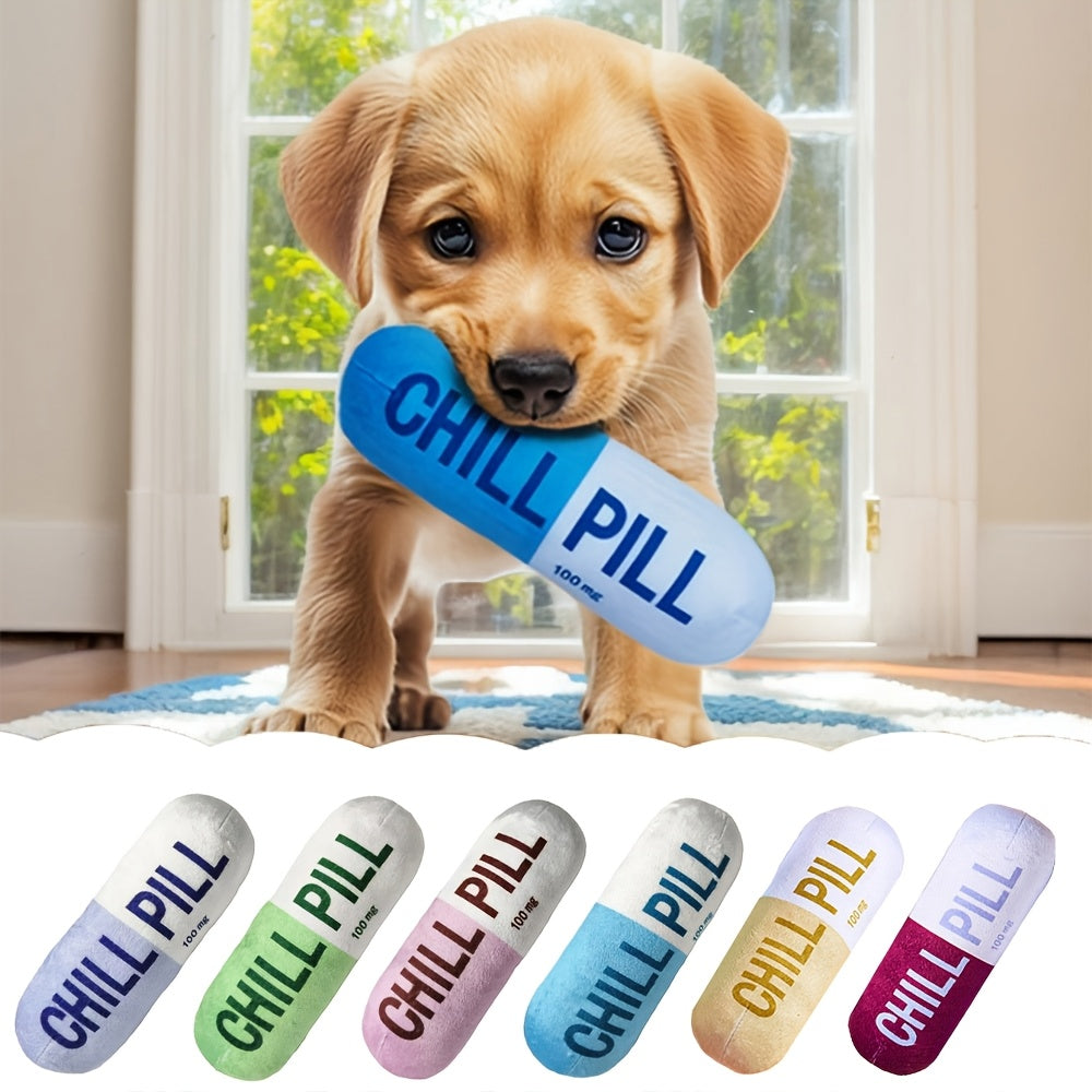 Soft Fabric Chill Pill Plush Stuffed Animal Toy and Pillow for Small Dogs and Cats, Interactive Play, Pet Bed Accessory, Soothing Snuggle Companion