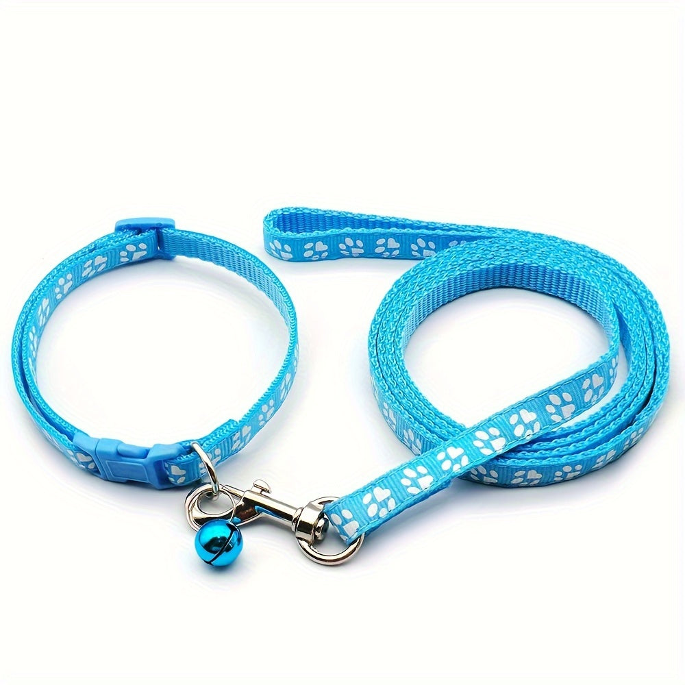 Cute Paw Pattern Nylon Dog Collar - Pet Dog Collar And Leash Set With Bell Long Dog Walking Leash