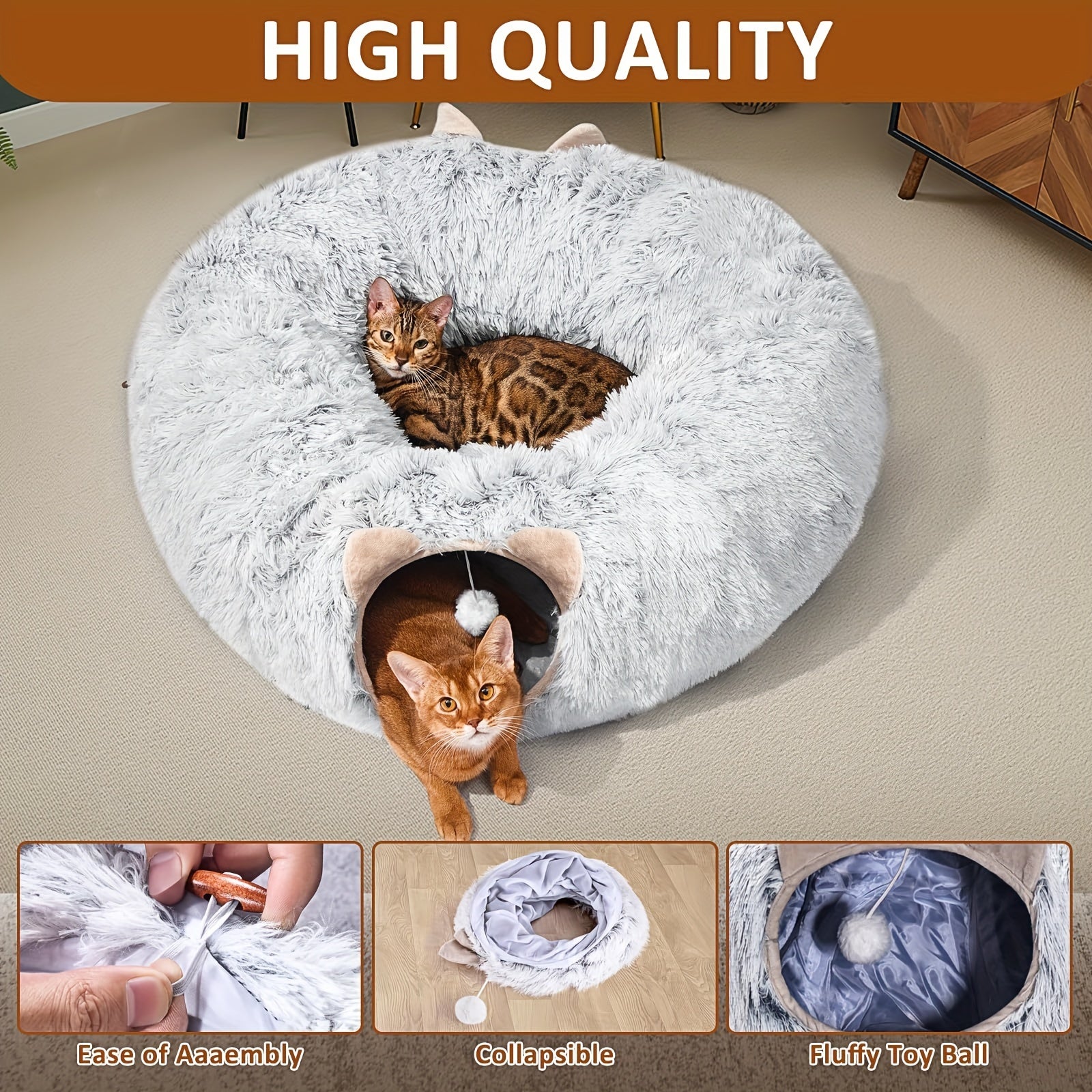 Soft Plush Cat Tunnel with Cozy Donut Bed - Multi-Functional Hideout & Playhouse for Indoor Cats, Kittens, Rabbits, Ferrets - Tunnel Vision Peeping Holes, Large Tube for Hide & Seek, Durable Pet Toy for Small/Medium/Large Fel