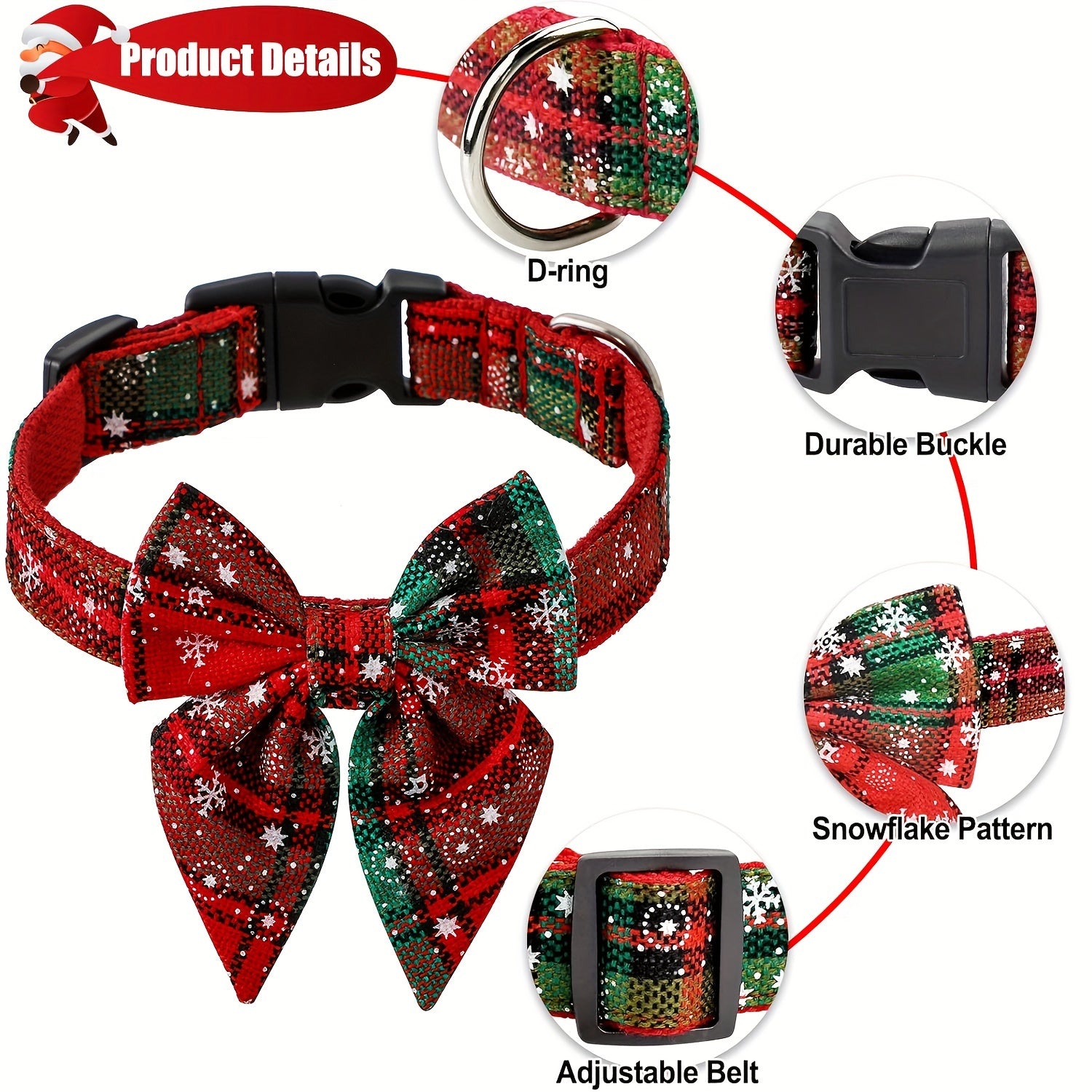 Christmas Plaid Dog Collar with Detachable Bowtie, Adjustable Pet Collar for Cats and Dogs, Durable Polyamide Material with Press Buckle and D-Ring, Perfect for Holiday Parties, Birthdays, and Daily Wear - Red (S/M/L)