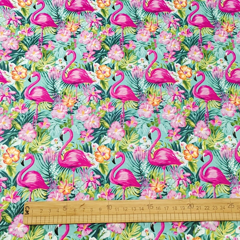 1 Yard Tropical Flamingo & Floral Print Stretch Fabric – Vibrant Pink Flamingos, Colorful Flowers & Tropical Foliage on Aqua Blue Background – Pre-Cut for Shirts, Skirts, Pants, Beachwear, Pajamas, Sportswear, Pet Apparel