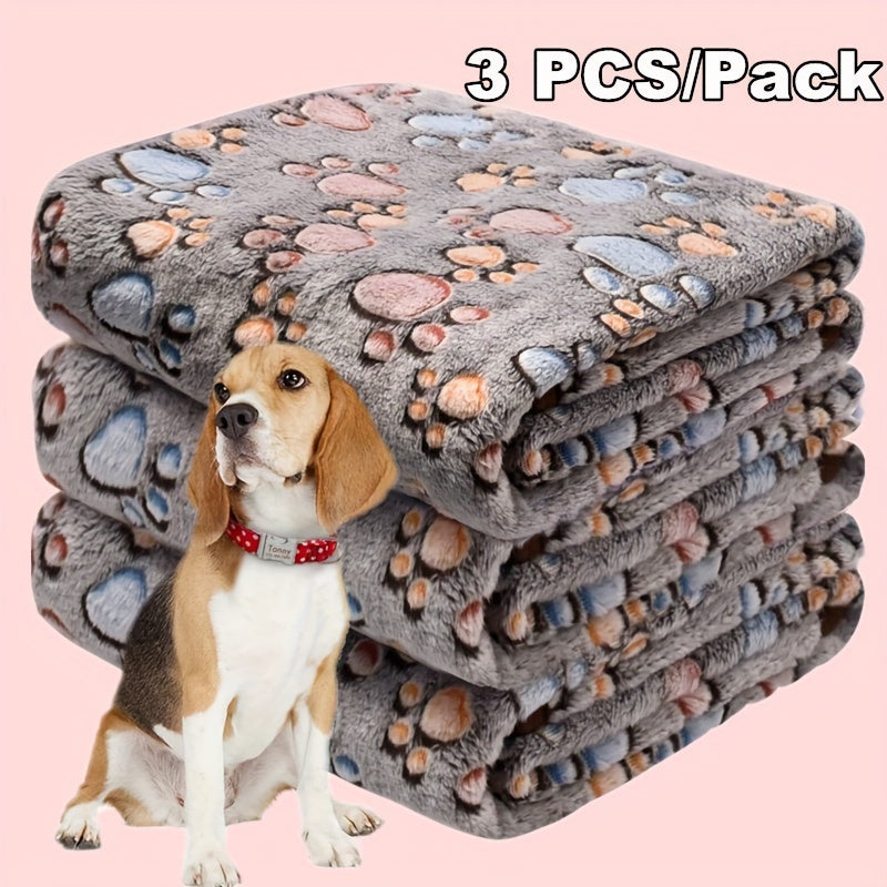 Soft Coral Fleece 3pcs Cozy Gray Paw Print Pet Blankets - Machine Washable, All-Season Comfort for Small to Large Breeds - Polyester Durability, Plush Pet Accessories