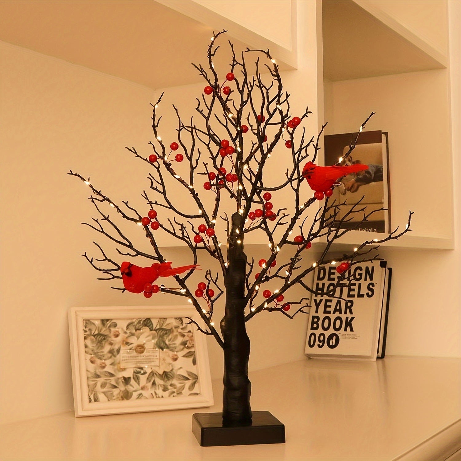 1 Elegant 21" LED-Lit Bonsai Tree with Red Birds & Black Artificial Birch - 60 Warm Yellow Lights, Perfect for Halloween, Thanksgiving, Christmas, Valentine's Decor - AA Battery Operated (Batteries Not Included)