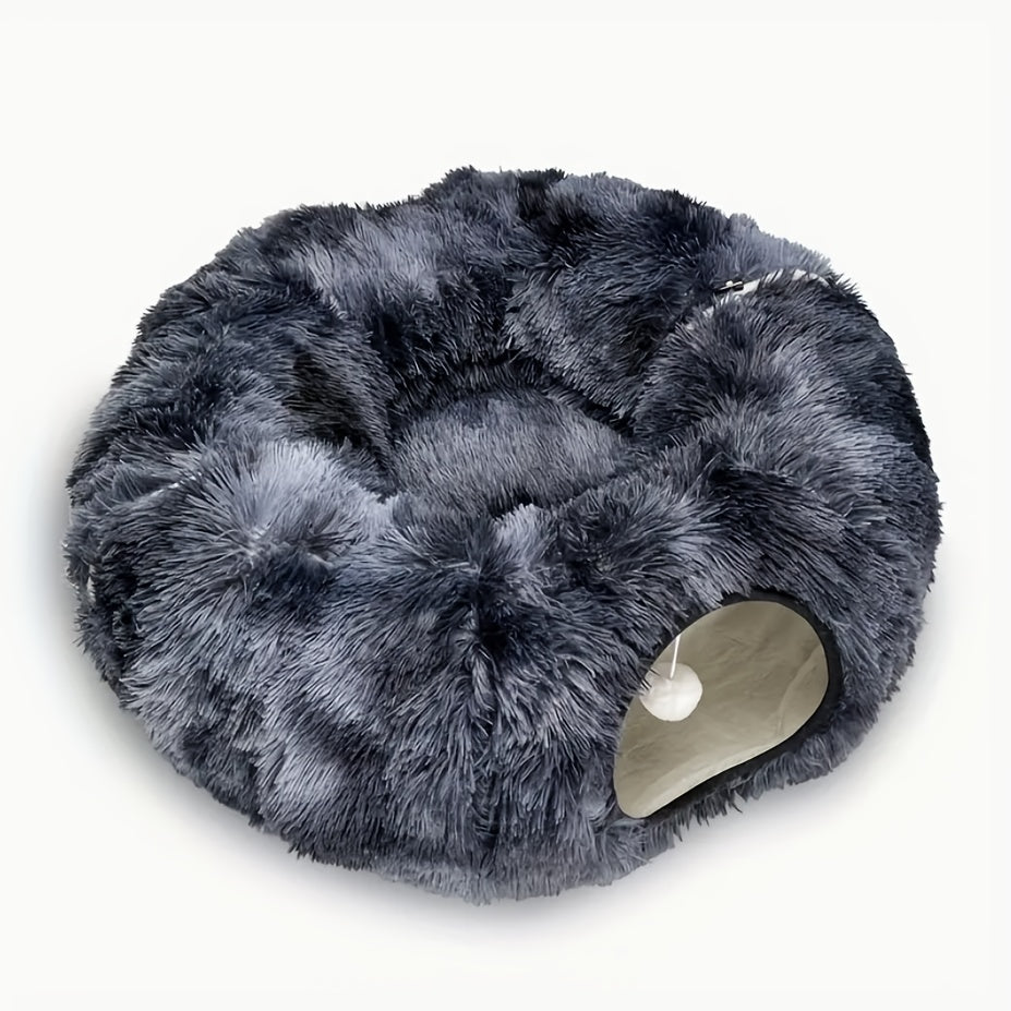 Soft Plush Cat Tunnel with Cozy Donut Bed - Multi-Functional Hideout & Playhouse for Indoor Cats, Kittens, Rabbits, Ferrets - Tunnel Vision Peeping Holes, Large Tube for Hide & Seek, Durable Pet Toy for Small/Medium/Large Fel