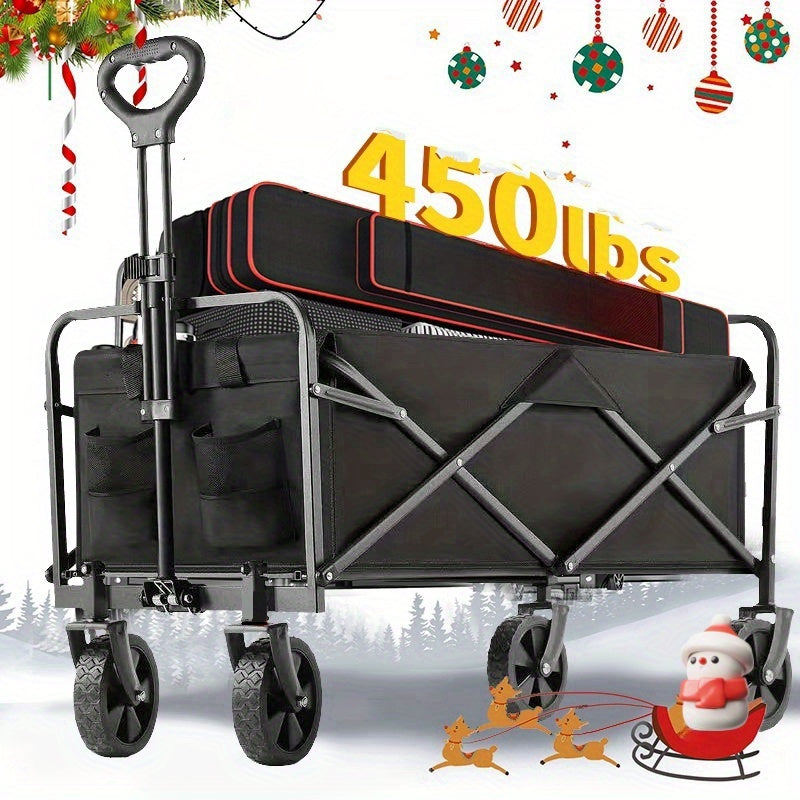 Collapsible Folding Wagon Cart, Large Capacity Track and Field Equipment Transporter, All-Terrain Foldable Pet Stroller, Heavy-Duty Utility Wagon for Grocery, Outdoor Beach, Gardening, Shopping & Fishing – Perfect Christmas