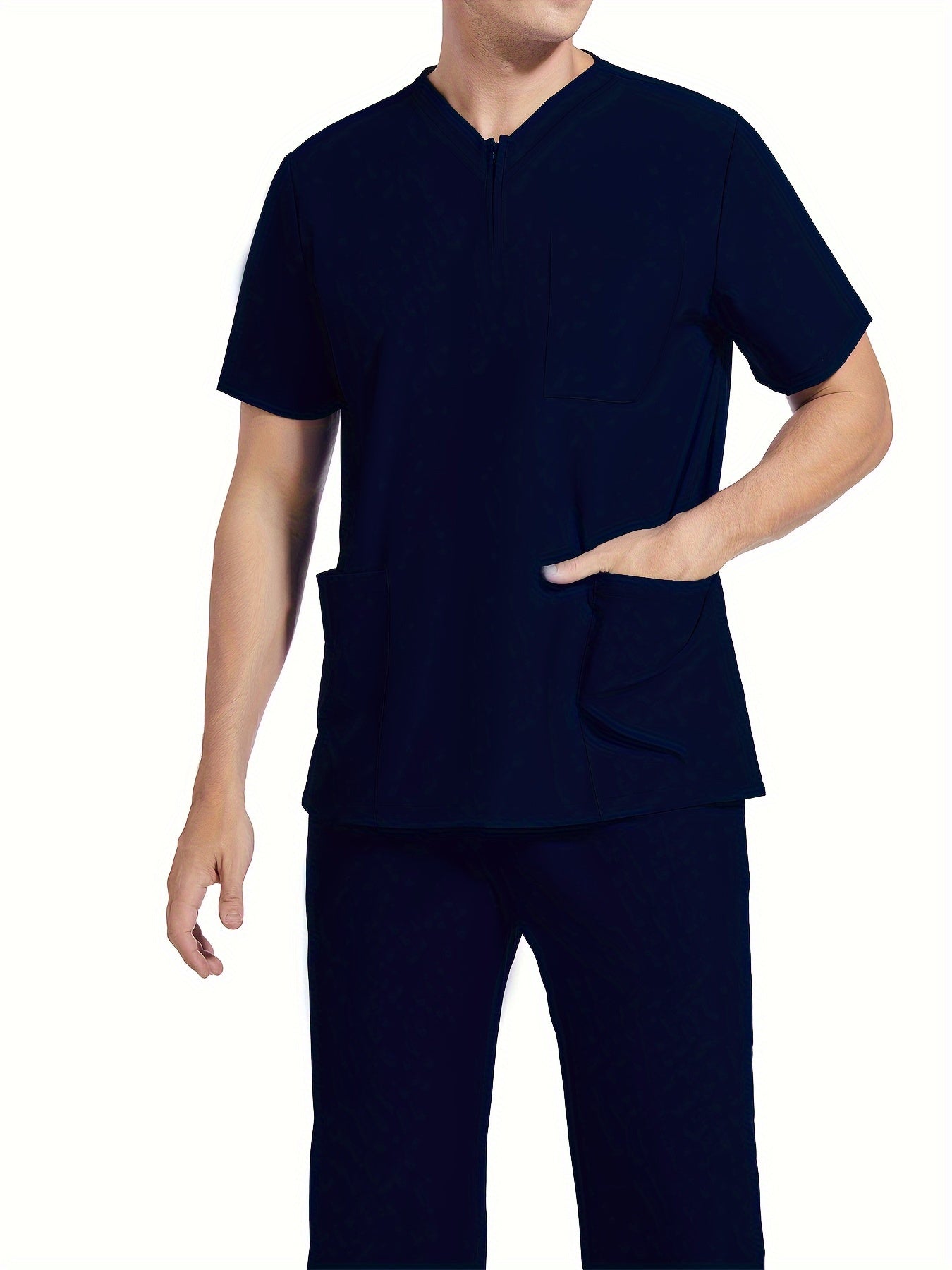 Men's Short Sleeve Summer Work Wear Set, Lab Coat, Pet Grooming Uniform, Breathable V-neck Top With Pockets And Long Pants Outfit