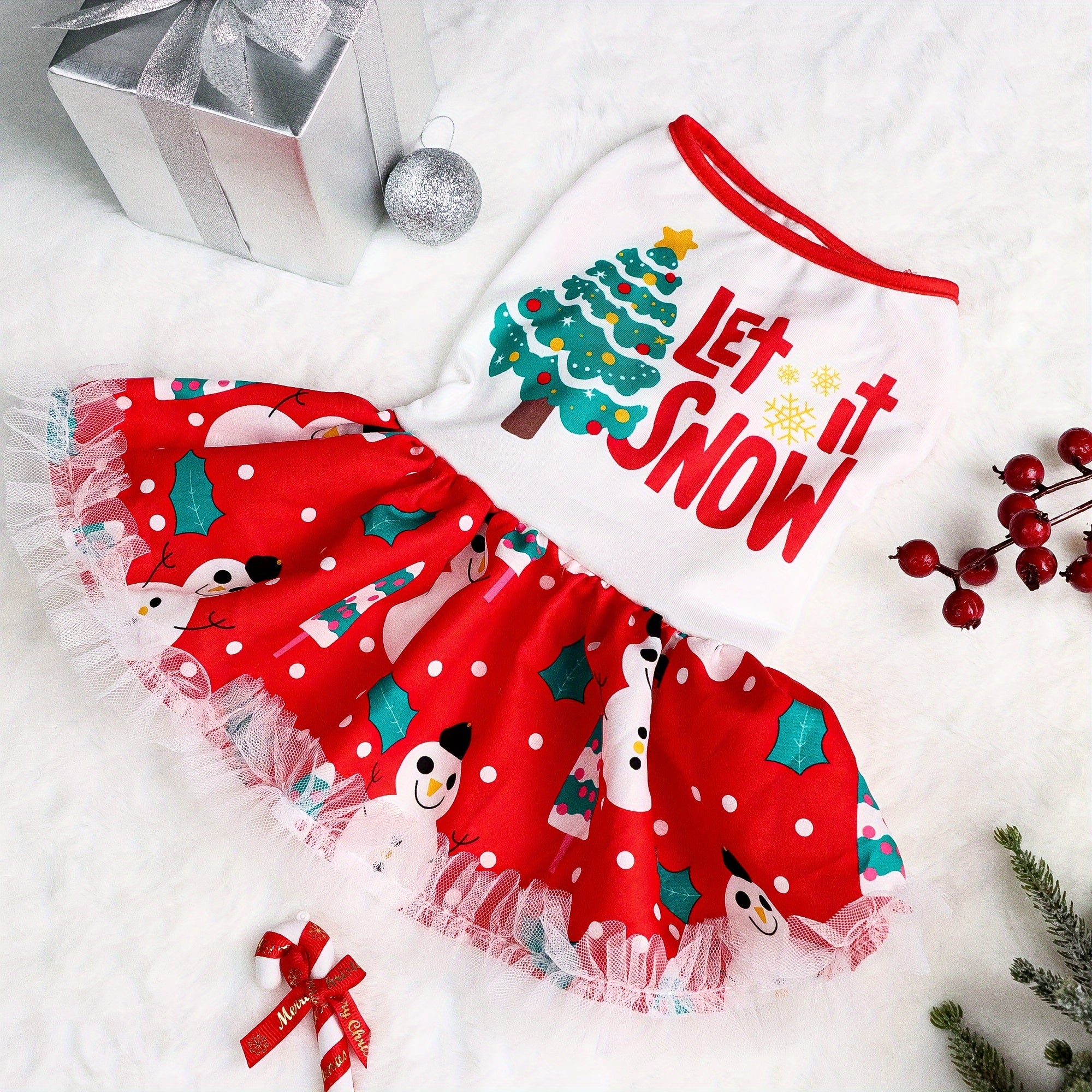 Adorable Festive Christmas Dog Dress - Soft, Cozy, and Machine Washable Polyester Pet Apparel with Vibrant Holiday Print for Small to Medium Breeds, Easy Care and Comfortable Wear
