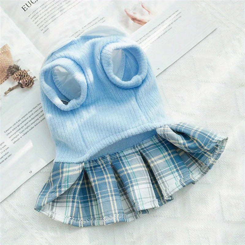 Small Breeds Polyester All-Season Dog Dress, Chic College Style Pet Apparel with Plaid Skirt and Collar, Pullover Design, Ideal for Spring, Cat & Chihuahua, Available in Pink, Blue, Green