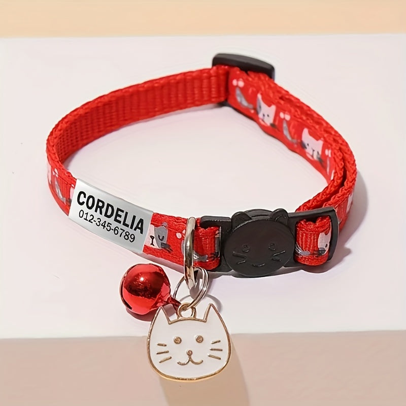 Customizable Cartoon Cat Print Pet Collar with Bell and Engraved ID Tag, Durable Polyester Adjustable Collar for Cats and Dogs, Personalized Name and Phone Number for Lost Prevention - Perfect Gift for Pets