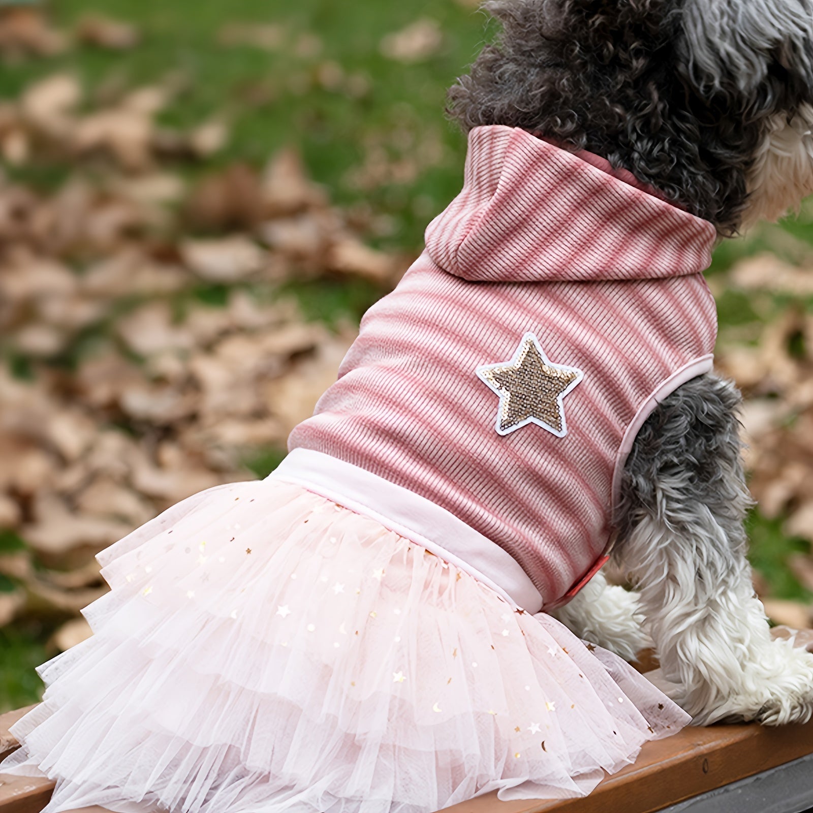 Chic Striped Dog Dress with Hood & Reflective Star Accents - Soft, Comfortable Pullover Pet Apparel for Small Breeds, Machine Washable - Sizes XS to XL