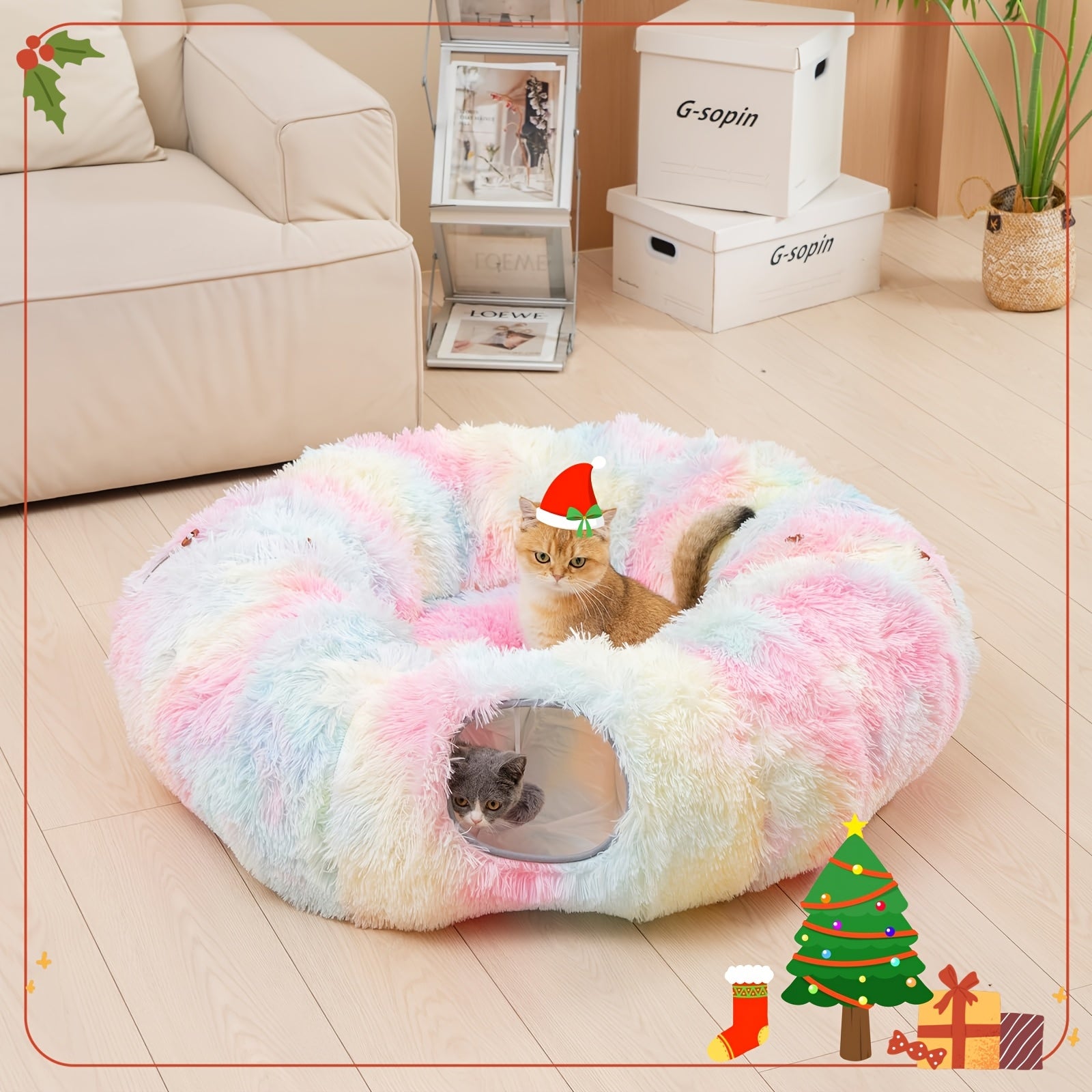 Soft Plush Cat Tunnel with Cozy Donut Bed - Multi-Functional Hideout & Playhouse for Indoor Cats, Kittens, Rabbits, Ferrets - Tunnel Vision Peeping Holes, Large Tube for Hide & Seek, Durable Pet Toy for Small/Medium/Large Fel