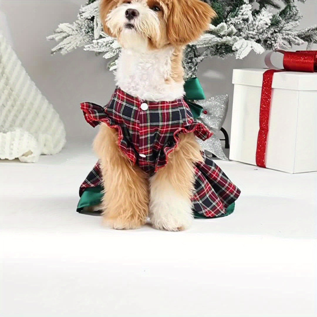 Winter & Autumn Tartan Dog Dress with Snap Buttons – 100% Polyester Woven Plaid Puppy Dress, Small Breed Christmas Party Outfit with Festive Bow Detail, Warm Pet Apparel for Seasonal Celebrations